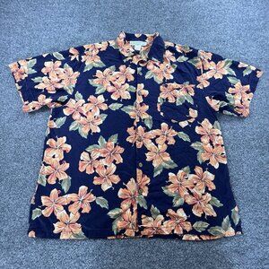 Pineapple Moon 100% Silk Hawaiian Shirt L Navy‎ Hibiscus Floral Camp
